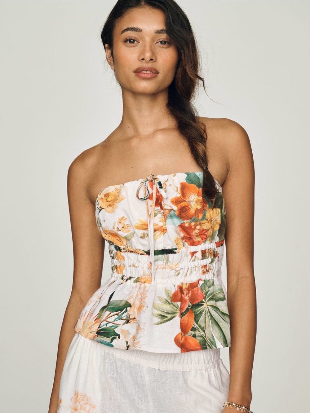 Somerset Strapless White Floral Smocked Waist Top